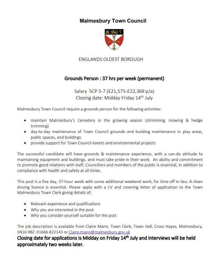 Vacancy for Grounds Person - Malmesbury Town Council